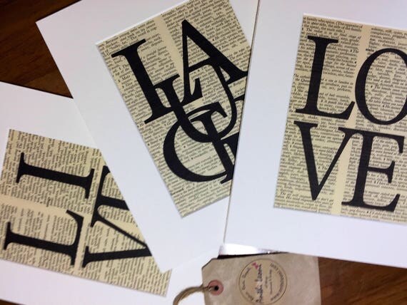 Dictionary Print Set of 3 LIVE LAUGH LOVE - 10x12 Life Quotes - Word Art Prints - Typography Print Set - Mounted Dictionary Word Art