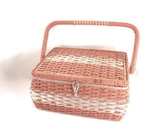 Vintage sewing basket, 1960s or 70s, Dritz, wicker, sewing box, pink color, rope-like handle, orange satin interior, tray, pincushion