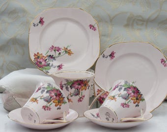 Tea Set for Two, Art Deco Tea Set, Pink Tea Set, Vintage Tea Set, Floral Bone China Tea Cups, Diamond Bone China, Made in England
