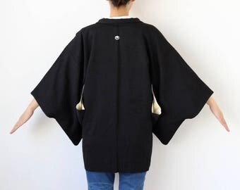 black wave kimono, kimono jacket, Haori, Japanese kimono, Japanese jacket, black kimono, kimono sleeve, bell sleeve, kimono top /1916