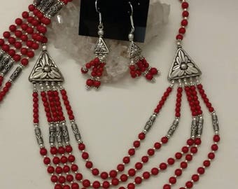 Five Strand Red Coral Necklace, Bracelet and Earring Set
