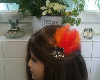 Headband shabby bronze,orange feather,rhinstones/serre tete en chaine,plume orange strass
