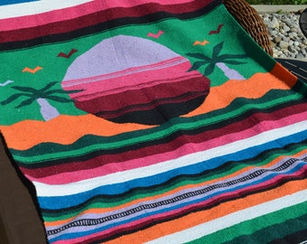 Vintage Mexican blanket, throw ,fringe, sunset, throw, cottage, beach house, festival blanket, cottage, boho decor, serape