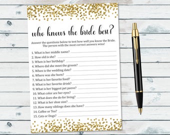 How Well Do You Know The Bride, Gold Confetti Who Knows The Bride Best, Printable Gold Glitter Bridal Shower Game, Do You Know The Bride
