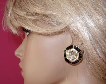Vintage TRIFARI Signed Large Enameled Black and Gold Exquisite Round Rhinestone Pierced Earrings