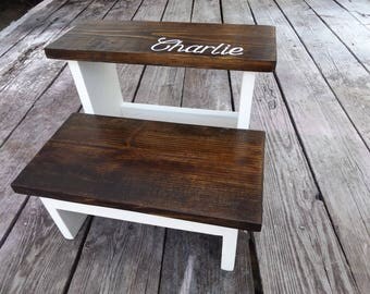 2 step Kids stool, wood step stool, Personalized kids step stool, wood stool,2 step wood stool, walnut stain, choose color, bottom