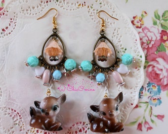 Assemblage Pastel Vintage Deer Doe Fawn Dangle Chandelier Statement Earrings: Shabby Chic, Fairy Kei, Kawaii, Bohemian
