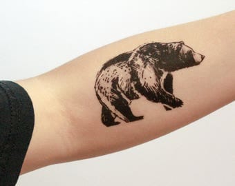 Bear Temporary Tattoo, Black Ink, Forest Animal Tattoo, Nature Tattoo