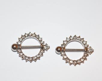 White/Clear Circle Nipple Rings, Clear Crystal Nipple Piercing, Nipple Rings, Nipple Studs, Crystals