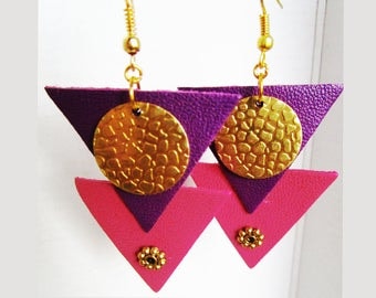 Earrings leather triangles fuchsia and purple