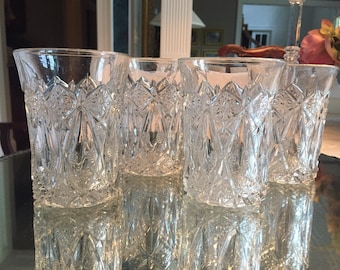 Set of 4 Vintage Pressed Glass TUMBLERS, WATER GLASSES, barware, clear bright beautiful antique crystal!