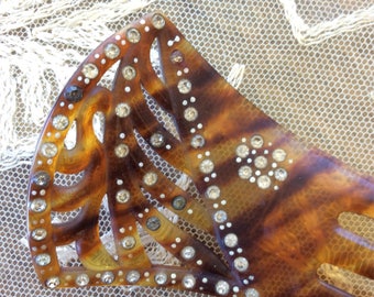 Art Deco Faux Tortoise Shell Hair Comb with Rhinestones- Vintage Celluloid Hair Comb- Vintage Celluloid Hair Pick- 1920s Hair Accessories