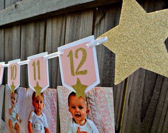 Twinkle Twinkle Little Star First Birthday Photo Banner. Twinkle Twinkle Little Star Birthday Decorations. 12 Month Photo Banner.