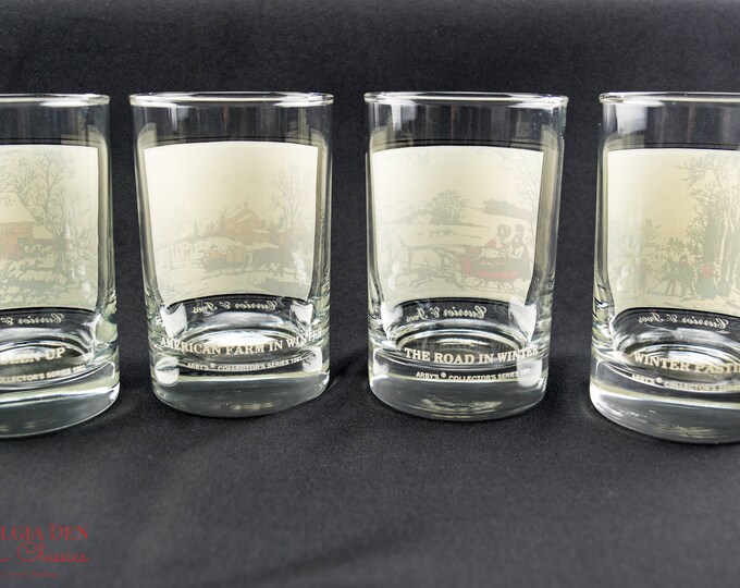 Classic Currier & Ives Wintertime Scenes Glass Set | Vintage Arbys Old Fashioned Glasses | 12 Oz Winter Glasses - Set Of 4