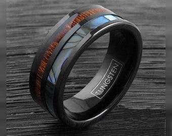 Men's Stainless Steel Ring With Real Koa Wood & Abalone Inlay - Size 12.5, 8mm Wide - View #3