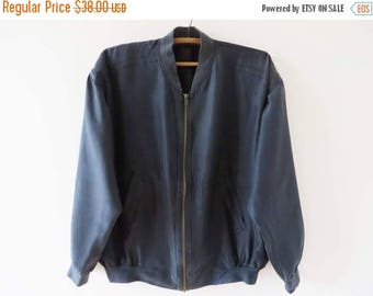 CIJ SALE Vintage 80s Silk Bomber Jacket Navy Hipster Jacket Cropped Silk Parka Dark Blue Windbreaker Lightweight Jacket Unisex Large Size Ja