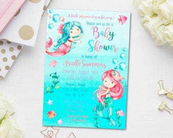 Mermaid Baby Shower Invitation, Under the Sea Baby Shower Invite, Little Mermaid Girl Baby Shower, Ocean Mermaid Baby Sprinkle or Twins