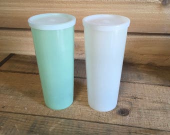 Vintage Tupperware Cups with Lids , Tupperware Tumblers with Lids , Clear White , Green , Retro , Plastic , Tumbler , Tea Glass