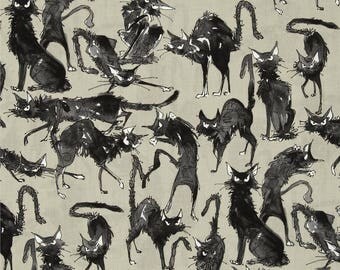 7159GR SEBASTIAN GHASTLIES CAT - The Ghastlies Cats, Halloween Cats, Alexander Henry, De Leon Designs, Quilt Fabric, Taupe With Black Cats
