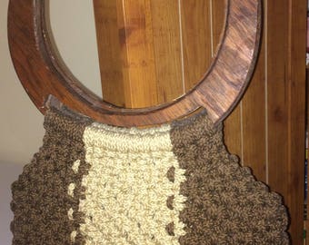 Vintage macrame purse, large hoop handles, crocheted bag, brown and tan macrame, boho purse, wooden handled shoulder bag
