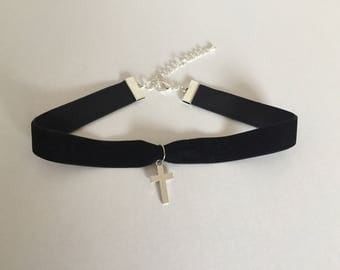 Black velvet choker. Chic choker. Cross charm choker.