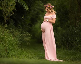 Short Sleeve Maternity Dress for Photo Shoot-Maternity Gown-Long Maternity Gown-Maxi Gown-NO SPLIT FRONT-Straight Neckline-Baby Shower Dress