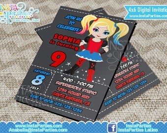 Harley Quinn Invitations / Superhero girl Invitation suicide squad villains villain invites digital super superheroes girl digital printable