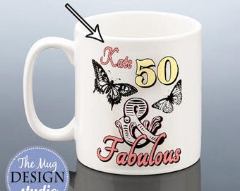 50th Birthday 50 & Fabulous Personalised Mug Butterfly BIRTHDAY GIFT 1967 Gift for her Present Friend Mum Mom Nan Women Ladies Coffee Mug