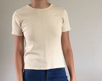 Vintage 90s Butter Cream Minimal Knit Sweater Tee | S