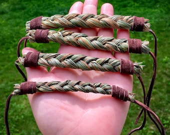 Sweetgrass Bracelet With Leather Lace - Lakota - Sioux - Authentic Native American - Sacred Grass - Boho Jewelry - Native American Jewelry