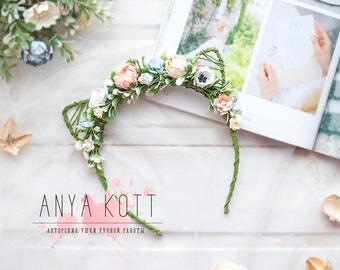 Floral Head Wreath, Cat Woman Hairband, Floral Crown Wedding, Flower Crown, cat ears, Children's size, baby headband kit