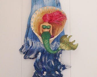 Mermaid Art Sculpture,Mixed Media Wall Art, Driftwood Wall Art,Mermaid Sign,Mermaid Painting,Mermaid Clay Sculpture,Nautical Wall Decor
