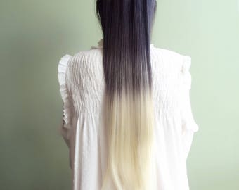 Clip in hair extensions black to blonde, 3/4 full head_like human hair_straight synthetic fiber_7pieces 16 clips_ombre