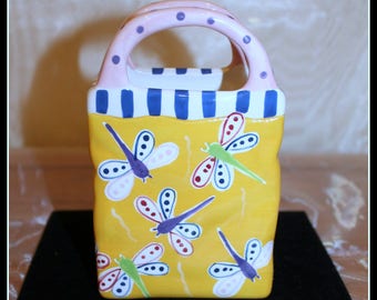 Retro Ceramic Dragonfly Yellow Vase, Rectangular Planter, Ceramic Gift Bag, Kitschy, Dragonfly Decor, Painted Ceramic Vase, Shabby Cottage