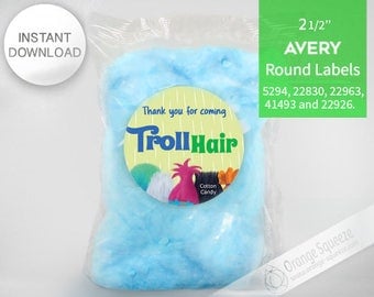 Trolls Cotton Candy - 2 1/2" Round Labels Printables on AVERY - INSTANT DOWNLOAD, Stickers, Trolls Hair, Trolls Party, Trolls labels