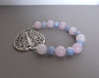 Leaf bracelet in aquamarine, Rose Quartz and a silver metal