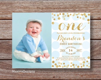 First Birthday Invitation Boy 1st Birthday Blue and Gold Glitter Invite, Sky Blue confetti invitation, Printable blue photo invite