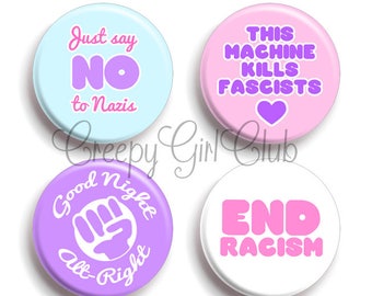Kawaii Pastel Antifa Pin Set: Just Say No To Nazis, This Machine Kills Fascists, Good Night Alt-Right, End Racism | Cute Pink Fairy Kei