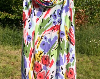 Dress women summer dress. Floral dress. Tissue fluid stretch. Size XL. Year 80 s. French vintage.