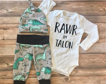 Rawr I'm Baby Dinosaur Coming Home Outfit, newborn boy coming home outfit, baby boy coming home outfit, hello baby name, Dino outfit