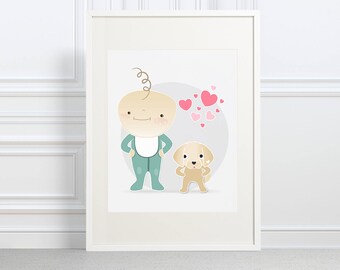 Baby and Golden Retriever - nursery decorations - baby room ideas - dog nursery art - cute baby art - dog art - dog lover gift - dog lover