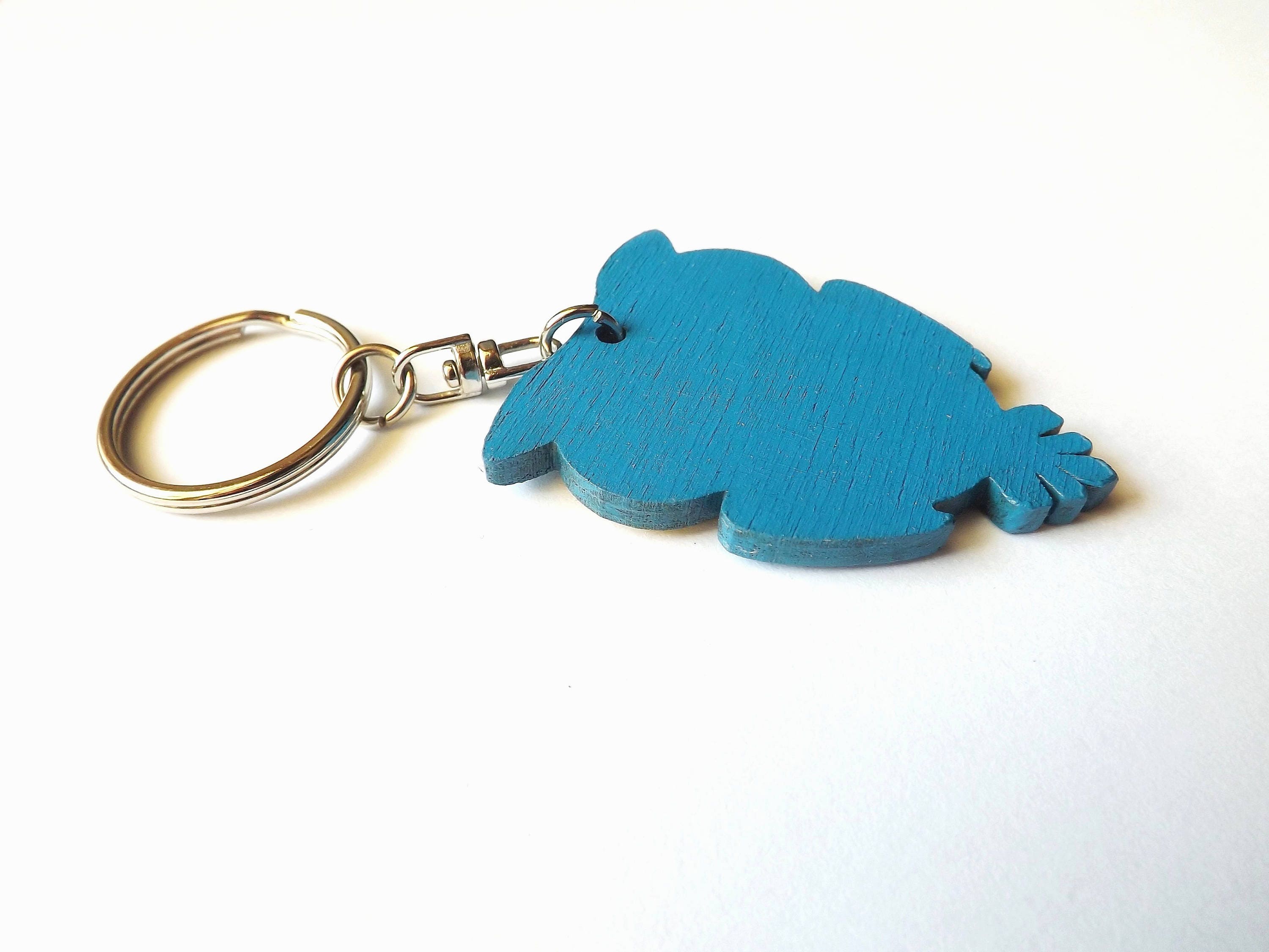 Wood Keychain Owl Big Eyes In Turquoise Hand Painted Laser Cut Wood Keychain Owl Big Eyes In Turquoise Hand Painted Laser Cut Wooden