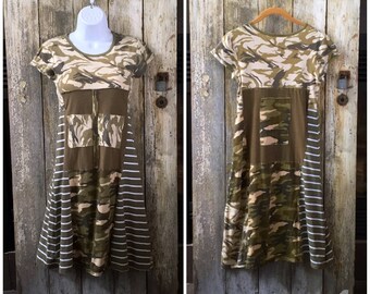 Army dress, Camouflage dress, T-shirt dress, Women's upcycled clothing, Refashioned clothing, Urban dress, Funky dress, Olive dress, S/M