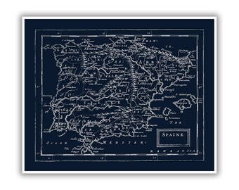 Old Spain Map Circa 1681, 1600s Spanish Antique Art Poster, Blueprint Style Print, 4 Color Options, Blue, Black, Slate Gray, Beige