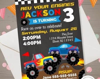 Monster Truck Invitation, Monster Truck Birthday Invitation, Monster Truck Invite, Monster Truck Party, Dirt Bike, Boy Invitation Chalkboard