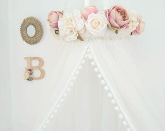 Princess Bed Canopy, Crib Canopy, Floral Canopy, Baby Shower Gift, Reading Nook, Shabby Chic, Wedding Decor, Floral Wedding, Nursery Decor