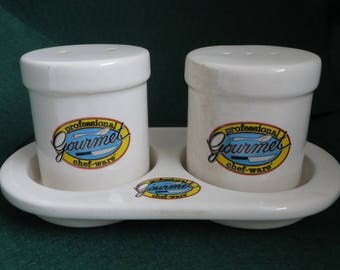 Sigma Chef-Ware Gourmet Salt Pepper Shakers Set Vintage 1980s Ceramic Shakers with Stand Housewarming Gift