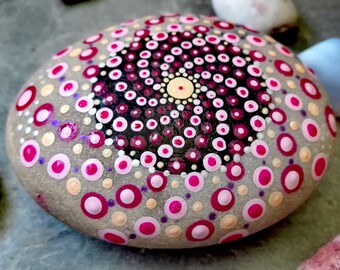 Mandala stone, spiral dots, hand painted