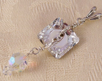Swarovski Crystal and Sterling Silver Pendant, Clear Swarovski Pendant, Handmade, Swarovski Crystal Button Bead, Crystal Aurora Borealis