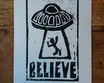 I Want to Believe Woodcut Print